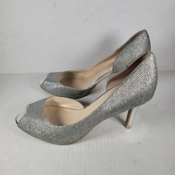 Kelly & Katie Shoes - Kelly & Katie Silver Open Toe Sparkle Misha 3.5" Heel Shoes Size 9 1/2M
